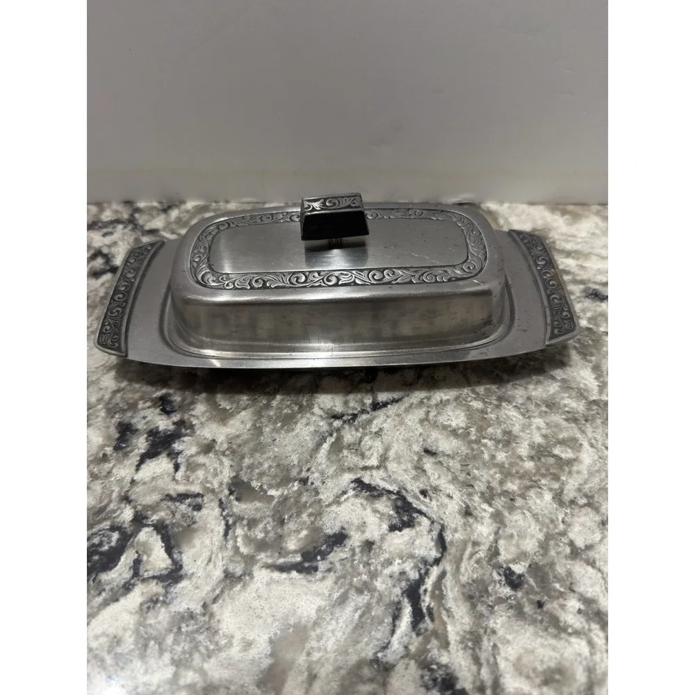 Vintage MCM Metal Ornate Butter Dish With Filigree Design Mid Century
